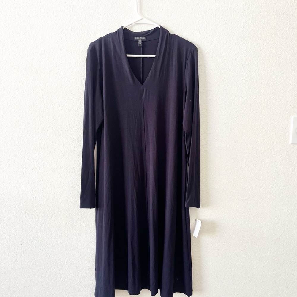 NEW Eileen‎ Fisher Jersey Navy Blue V Neck Dress Medium MIDI